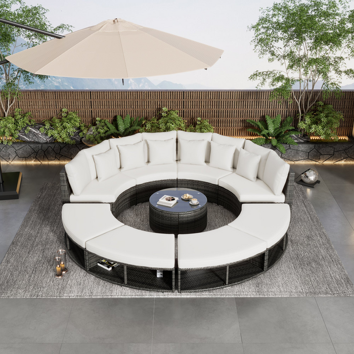 Luxury 9-Piece Circular Outdoor Patio Furniture Set | Rattan Wicker, Tempered Glass Coffee Table, 6 Pillows - Beige