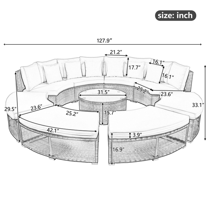 Luxury 9-Piece Circular Outdoor Patio Furniture Set | Rattan Wicker, Tempered Glass Coffee Table, 6 Pillows - Beige