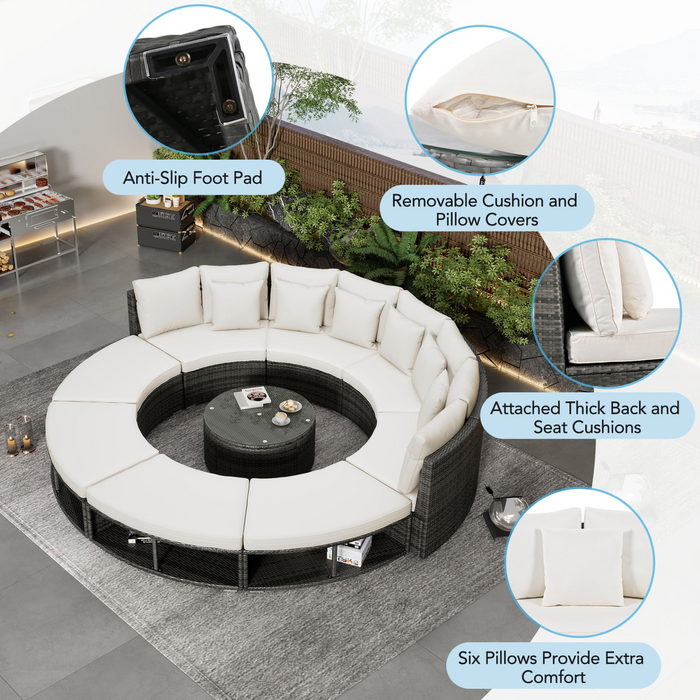 Luxury 9-Piece Circular Outdoor Patio Furniture Set | Rattan Wicker, Tempered Glass Coffee Table, 6 Pillows - Beige