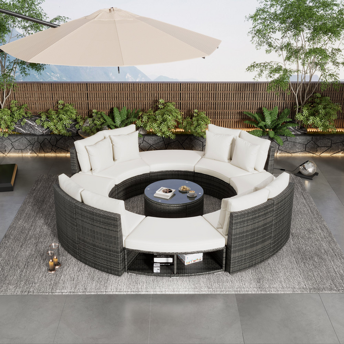 Luxury 9-Piece Circular Outdoor Patio Furniture Set | Rattan Wicker, Tempered Glass Coffee Table, 6 Pillows - Beige