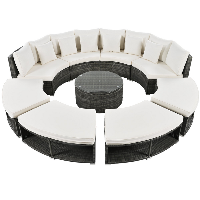 Luxury 9-Piece Circular Outdoor Patio Furniture Set | Rattan Wicker, Tempered Glass Coffee Table, 6 Pillows - Beige