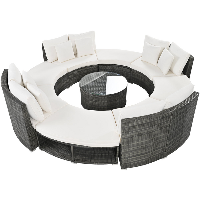 Luxury 9-Piece Circular Outdoor Patio Furniture Set | Rattan Wicker, Tempered Glass Coffee Table, 6 Pillows - Beige