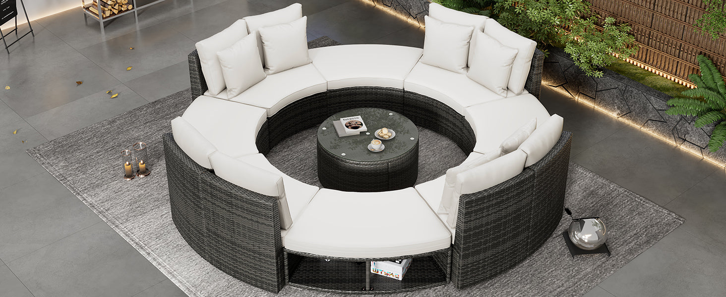 Luxury 9-Piece Circular Outdoor Patio Furniture Set | Rattan Wicker, Tempered Glass Coffee Table, 6 Pillows - Beige