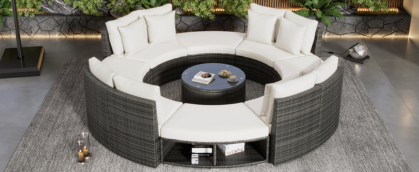 Luxury 9-Piece Circular Outdoor Patio Furniture Set | Rattan Wicker, Tempered Glass Coffee Table, 6 Pillows - Beige