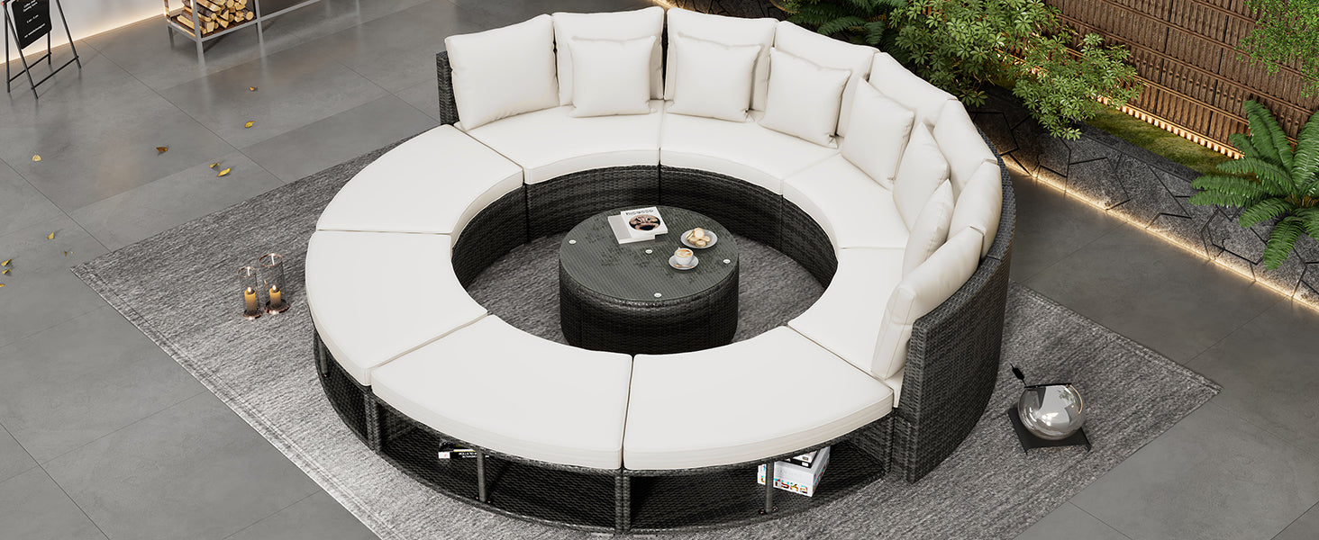 Luxury 9-Piece Circular Outdoor Patio Furniture Set | Rattan Wicker, Tempered Glass Coffee Table, 6 Pillows - Beige