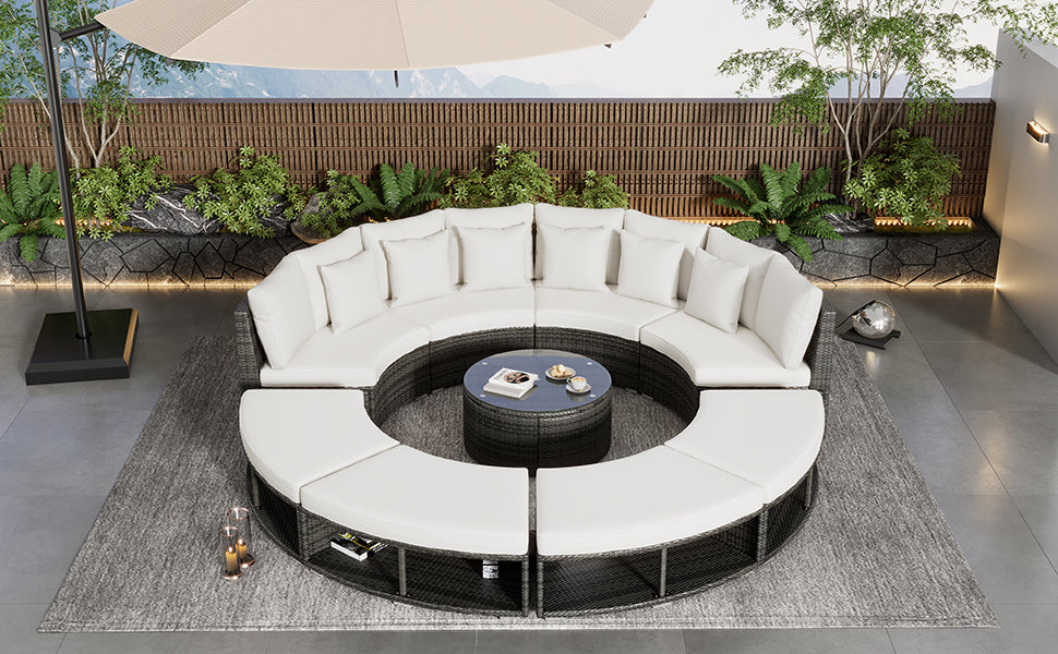 Luxury 9-Piece Circular Outdoor Patio Furniture Set | Rattan Wicker, Tempered Glass Coffee Table, 6 Pillows - Beige