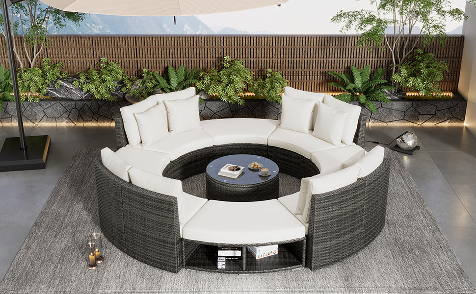 Luxury 9-Piece Circular Outdoor Patio Furniture Set | Rattan Wicker, Tempered Glass Coffee Table, 6 Pillows - Beige