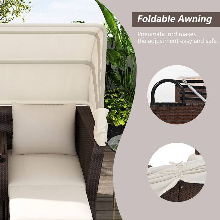 Elegant 2-Seater Outdoor Patio Daybed with Foldable Awning - Beige | Double Daybed Sofa Set for Garden, Balcony, Poolside