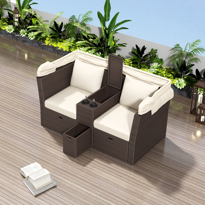 Elegant 2-Seater Outdoor Patio Daybed with Foldable Awning - Beige | Double Daybed Sofa Set for Garden, Balcony, Poolside