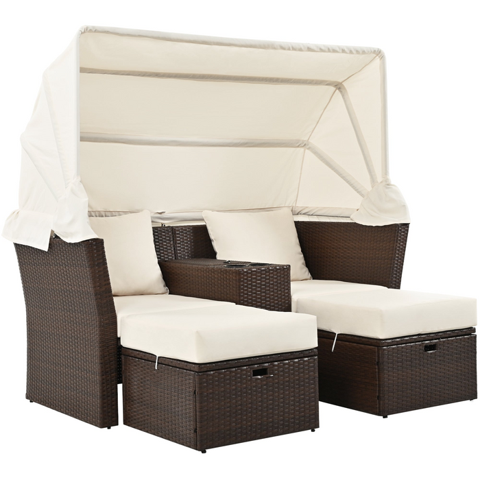 Elegant 2-Seater Outdoor Patio Daybed with Foldable Awning - Beige | Double Daybed Sofa Set for Garden, Balcony, Poolside