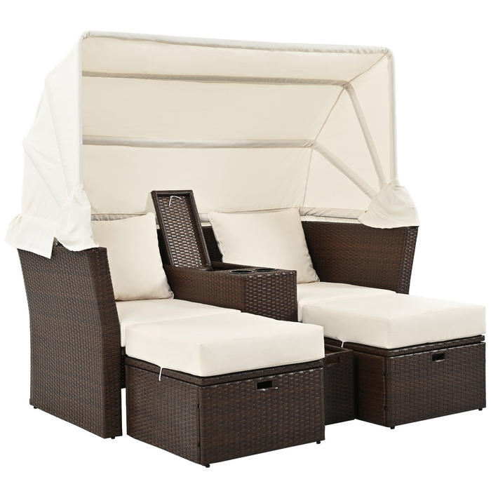 Elegant 2-Seater Outdoor Patio Daybed with Foldable Awning - Beige | Double Daybed Sofa Set for Garden, Balcony, Poolside