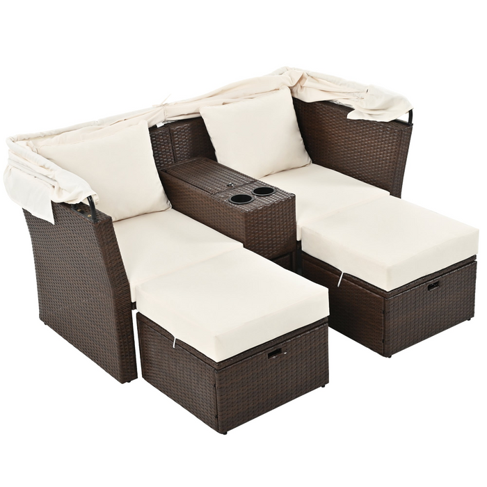 Elegant 2-Seater Outdoor Patio Daybed with Foldable Awning - Beige | Double Daybed Sofa Set for Garden, Balcony, Poolside