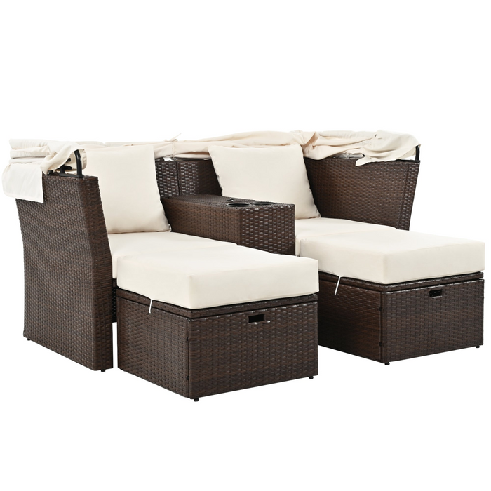 Elegant 2-Seater Outdoor Patio Daybed with Foldable Awning - Beige | Double Daybed Sofa Set for Garden, Balcony, Poolside