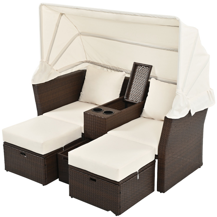 Elegant 2-Seater Outdoor Patio Daybed with Foldable Awning - Beige | Double Daybed Sofa Set for Garden, Balcony, Poolside