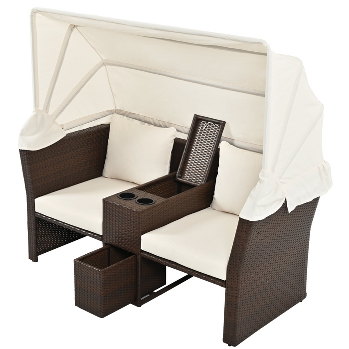 Elegant 2-Seater Outdoor Patio Daybed with Foldable Awning - Beige | Double Daybed Sofa Set for Garden, Balcony, Poolside