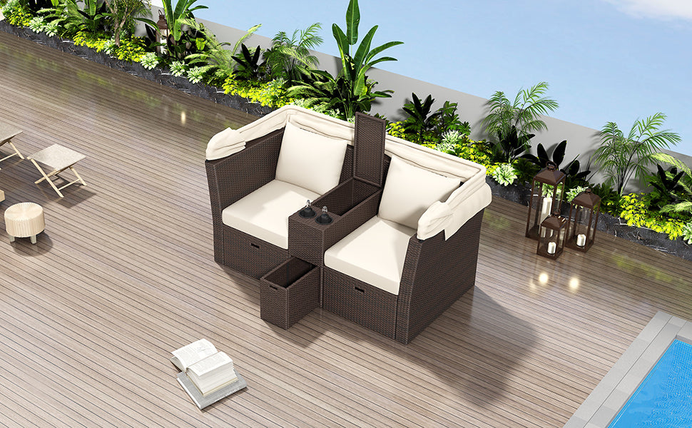 Elegant 2-Seater Outdoor Patio Daybed with Foldable Awning - Beige | Double Daybed Sofa Set for Garden, Balcony, Poolside