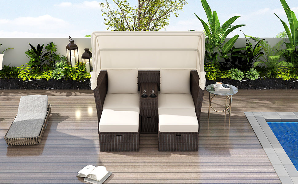 Elegant 2-Seater Outdoor Patio Daybed with Foldable Awning - Beige | Double Daybed Sofa Set for Garden, Balcony, Poolside