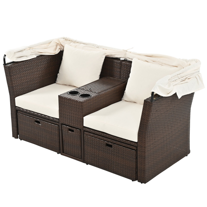 Elegant 2-Seater Outdoor Patio Daybed with Foldable Awning - Beige | Double Daybed Sofa Set for Garden, Balcony, Poolside