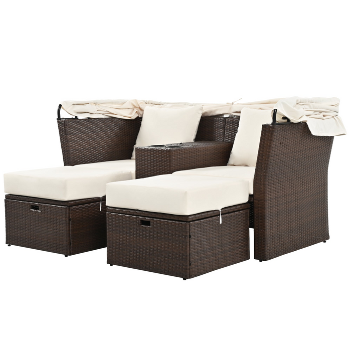 Elegant 2-Seater Outdoor Patio Daybed with Foldable Awning - Beige | Double Daybed Sofa Set for Garden, Balcony, Poolside