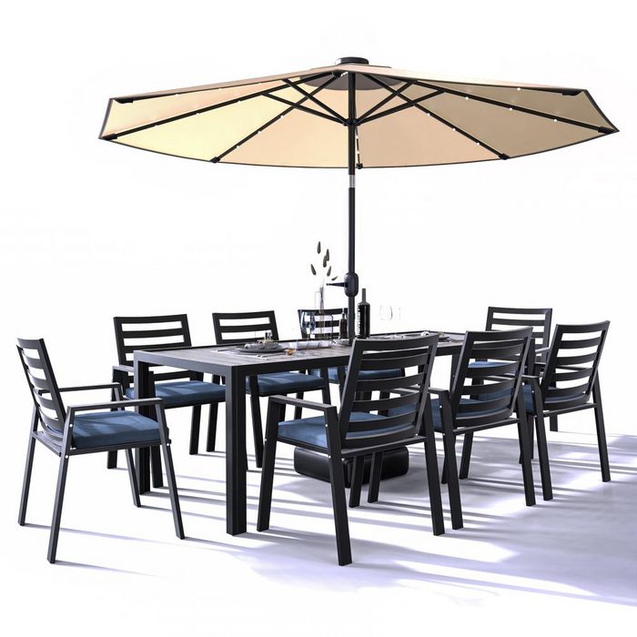 Aluminum Outdoor Dining Table 87" with 8 Chairs & Charcoal Blue Cushions | Stylish & Durable Patio Set