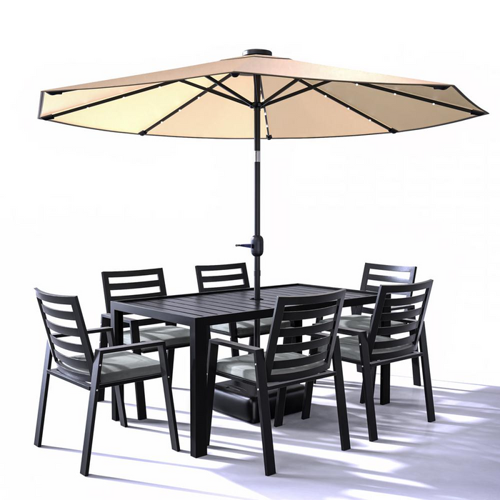 Chelsea Aluminum Outdoor Dining Table Set with 8 Chairs and Charcoal Black Cushions - Modern & Durable Outdoor Furniture