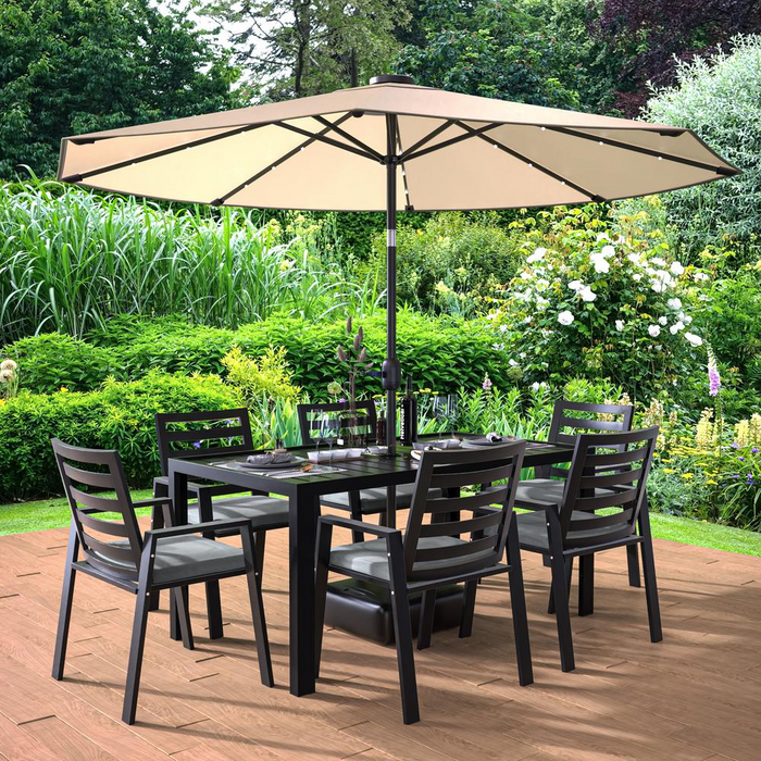 Chelsea Aluminum Outdoor Dining Table Set with 8 Chairs and Charcoal Black Cushions - Modern & Durable Outdoor Furniture