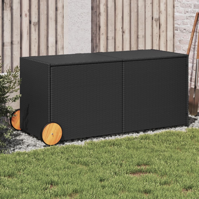 vidaXL Garden Storage Box with Wheels - Black 74.8 Gal Poly Rattan - Durable & Weather-Resistant Outdoor Solution