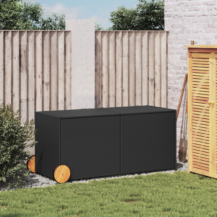 vidaXL Garden Storage Box with Wheels - Black 74.8 Gal Poly Rattan - Durable & Weather-Resistant Outdoor Solution