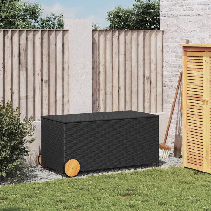 vidaXL Garden Storage Box with Wheels - 50.2 Gal Poly Rattan in Black