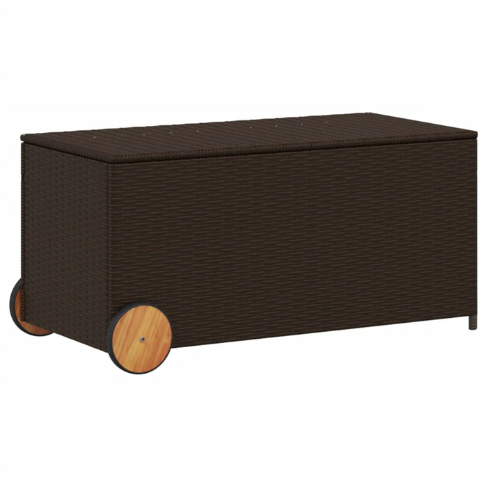 vidaXL Garden Storage Box with Wheels Brown 50.2 Gal Poly Rattan - Outdoor Storage Solution