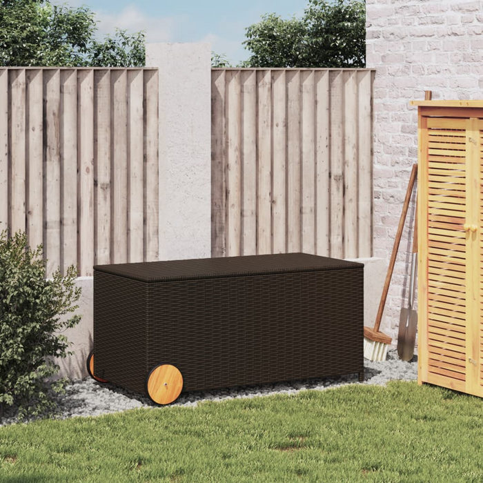 vidaXL Garden Storage Box with Wheels Brown 50.2 Gal Poly Rattan - Outdoor Storage Solution