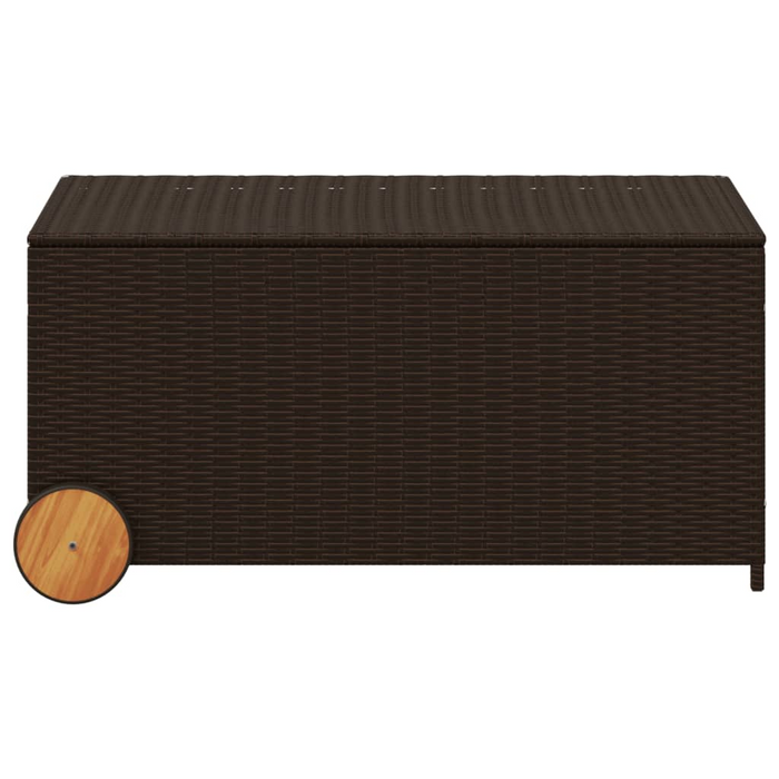 vidaXL Garden Storage Box with Wheels Brown 50.2 Gal Poly Rattan - Outdoor Storage Solution