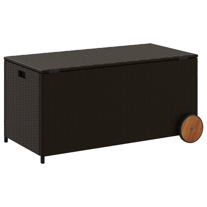 vidaXL Garden Storage Box with Wheels Brown 50.2 Gal Poly Rattan - Outdoor Storage Solution