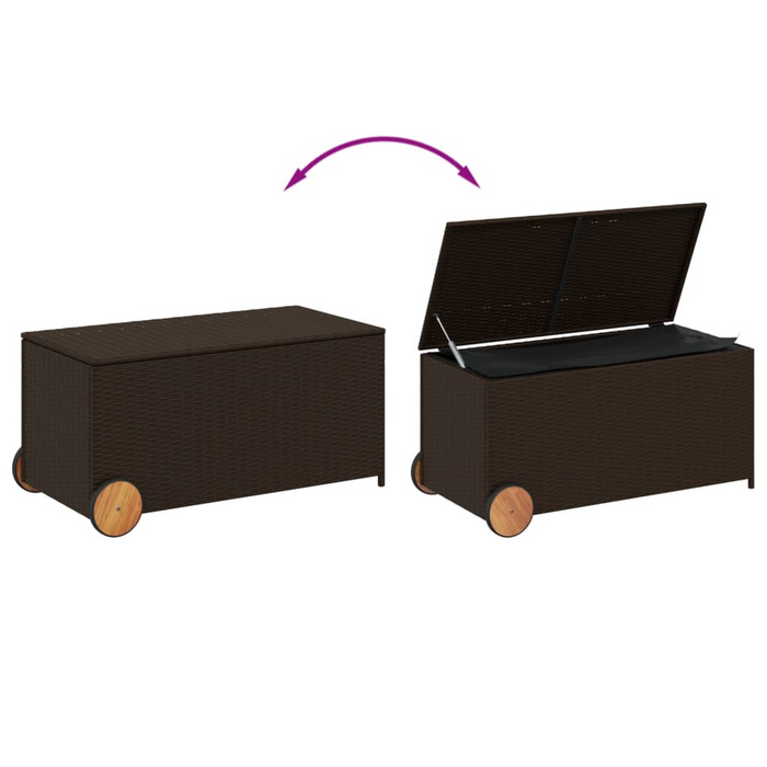 vidaXL Garden Storage Box with Wheels Brown 50.2 Gal Poly Rattan - Outdoor Storage Solution