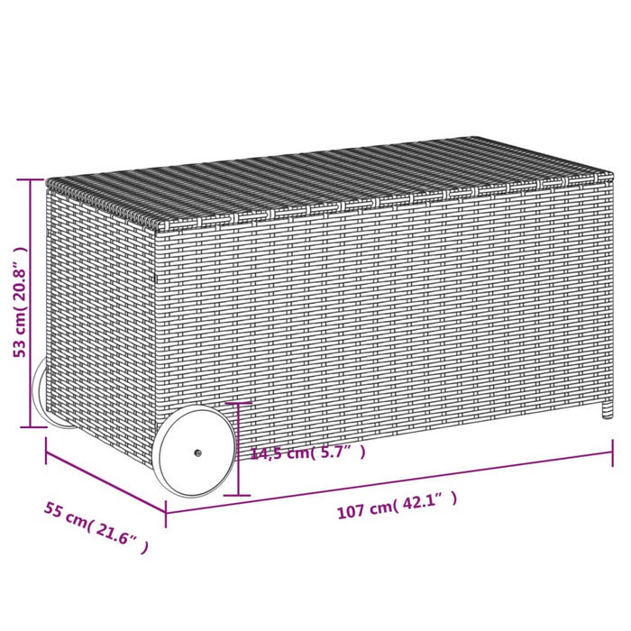 vidaXL Garden Storage Box with Wheels Brown 50.2 Gal Poly Rattan - Outdoor Storage Solution