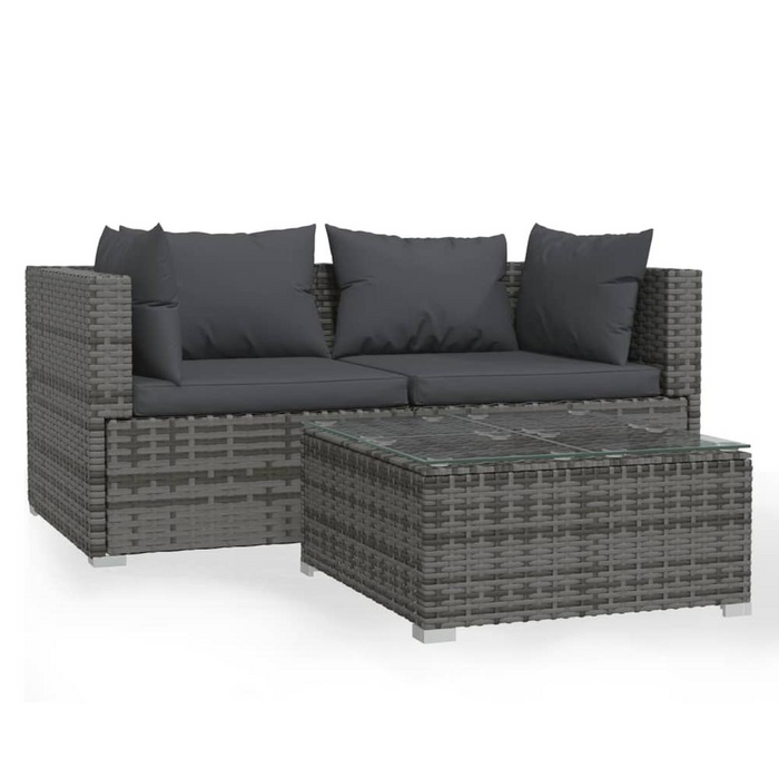 Patio Furniture Set 3 Piece with Cushions - Gray Poly Rattan | Outdoor Lounge Set