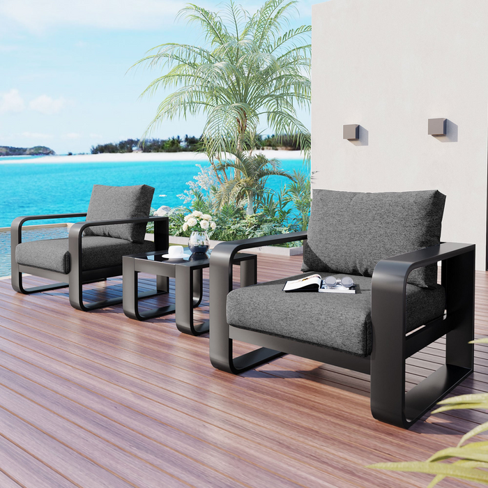 3-piece Aluminum Frame Patio Furniture With Thick Cushions And Coffee Table, All Weather Use Olefin fabric Outdoor Chair, Gray And Black