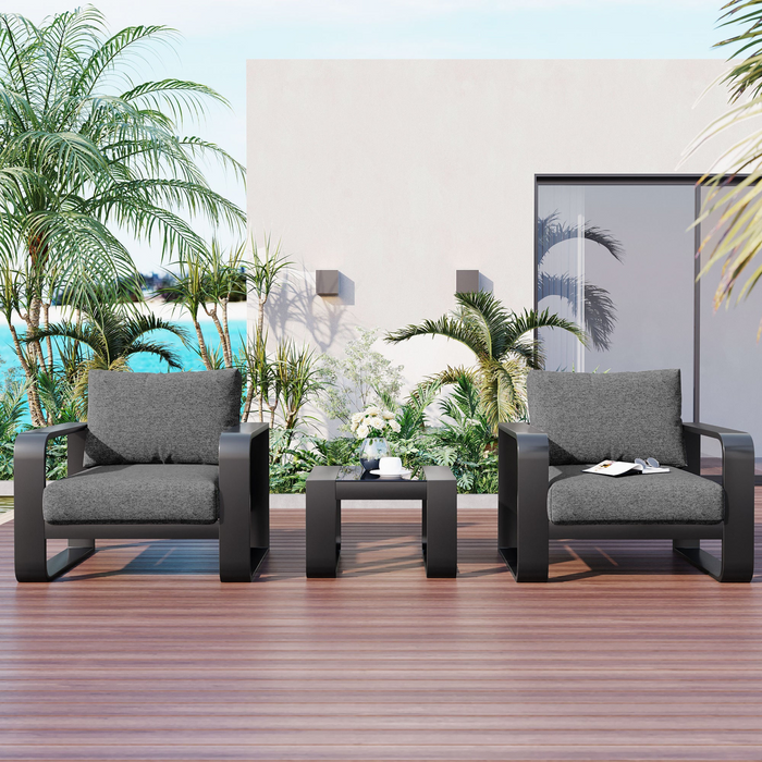 3-piece Aluminum Frame Patio Furniture With Thick Cushions And Coffee Table, All Weather Use Olefin fabric Outdoor Chair, Gray And Black