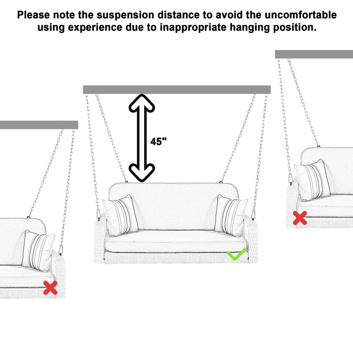 PE Wicker Porch Swing, 2-Seater Hanging Bench With Chains, Patio Furniture Swing