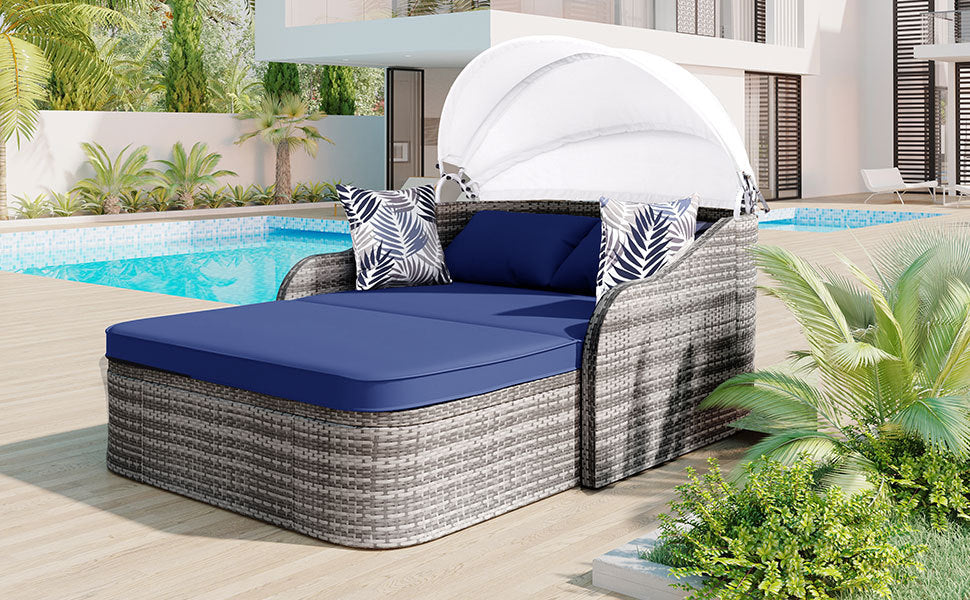 79.9" Outdoor Sunbed with Adjustable Canopy, Daybed With Pillows, Double Lounge, PE Rattan Daybed, Gray Wicker And Blue Cushion