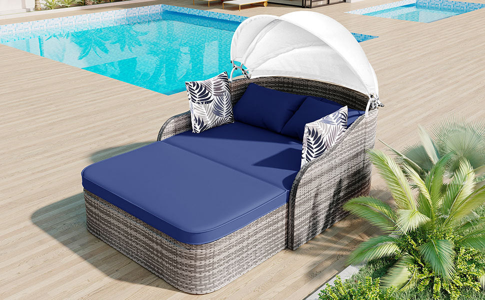 79.9" Outdoor Sunbed with Adjustable Canopy, Daybed With Pillows, Double Lounge, PE Rattan Daybed, Gray Wicker And Blue Cushion