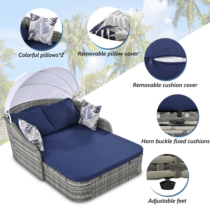 79.9" Outdoor Sunbed with Adjustable Canopy, Daybed With Pillows, Double Lounge, PE Rattan Daybed, Gray Wicker And Blue Cushion