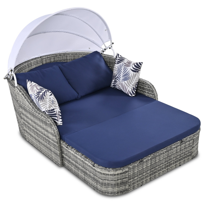 79.9" Outdoor Sunbed with Adjustable Canopy, Daybed With Pillows, Double Lounge, PE Rattan Daybed, Gray Wicker And Blue Cushion