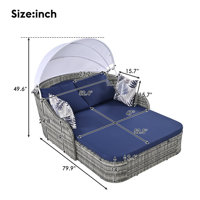 79.9" Outdoor Sunbed with Adjustable Canopy, Daybed With Pillows, Double Lounge, PE Rattan Daybed, Gray Wicker And Blue Cushion