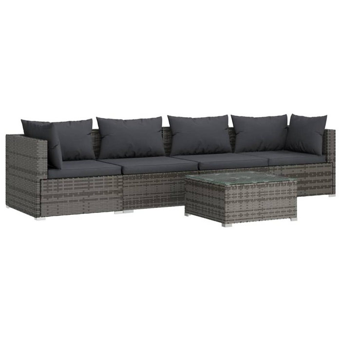 Stylish 5-Piece Patio Furniture Set with Cushions - Poly Rattan, Gray