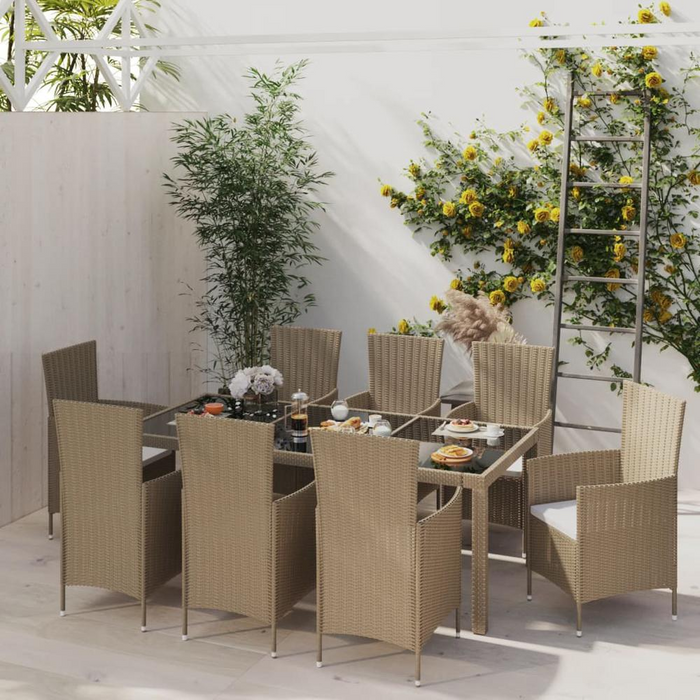 Elegant 9 Piece Outdoor Dining Set with Cushions - Durable Poly Rattan Beige Patio Furniture