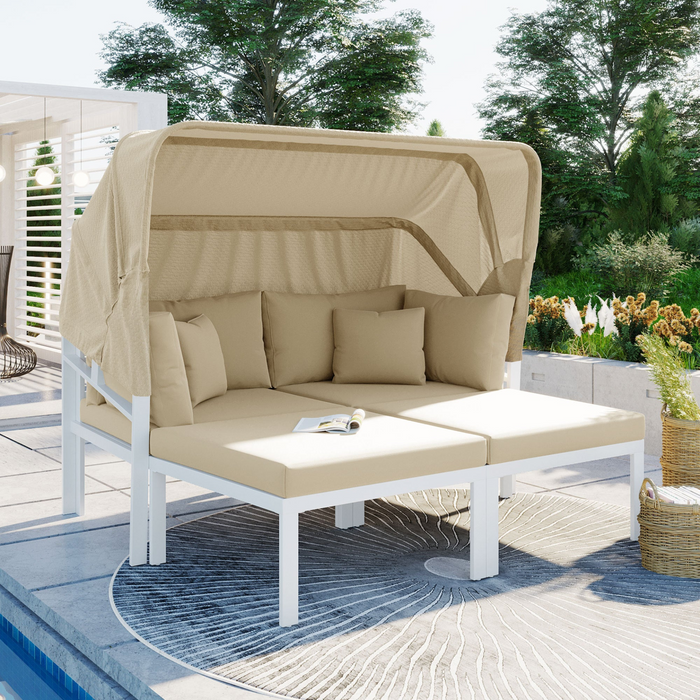 3-Piece Patio Daybed with Retractable Canopy Outdoor Metal Sectional Sofa Set Sun Lounger with Cushions, Beige