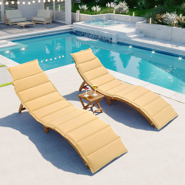 Outdoor Patio Wood Portable Extended Chaise Lounge Set with Foldable Tea Table for Balcony, Poolside, Garden, Brown