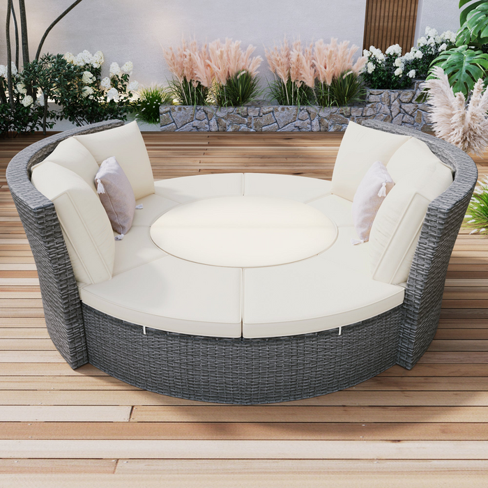 5-Piece Round Rattan Sectional Sofa Set All-Weather Wicker Sunbed Daybed with Round Liftable Table and Washable Cushions for Outdoor Backyard Poolside, Beige