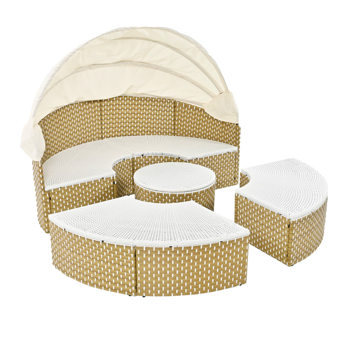 Patio Furniture Round Outdoor Sectional Sofa Set Rattan Daybed with Canopy, Beige